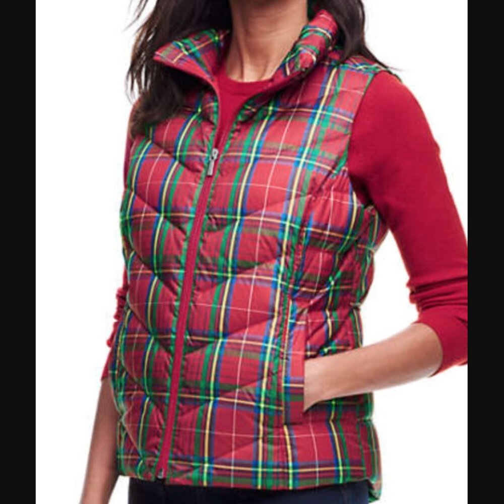 Lands' End Polyester Red Green Yellow Plaid Down Feathers Puffer Vest women's XL
